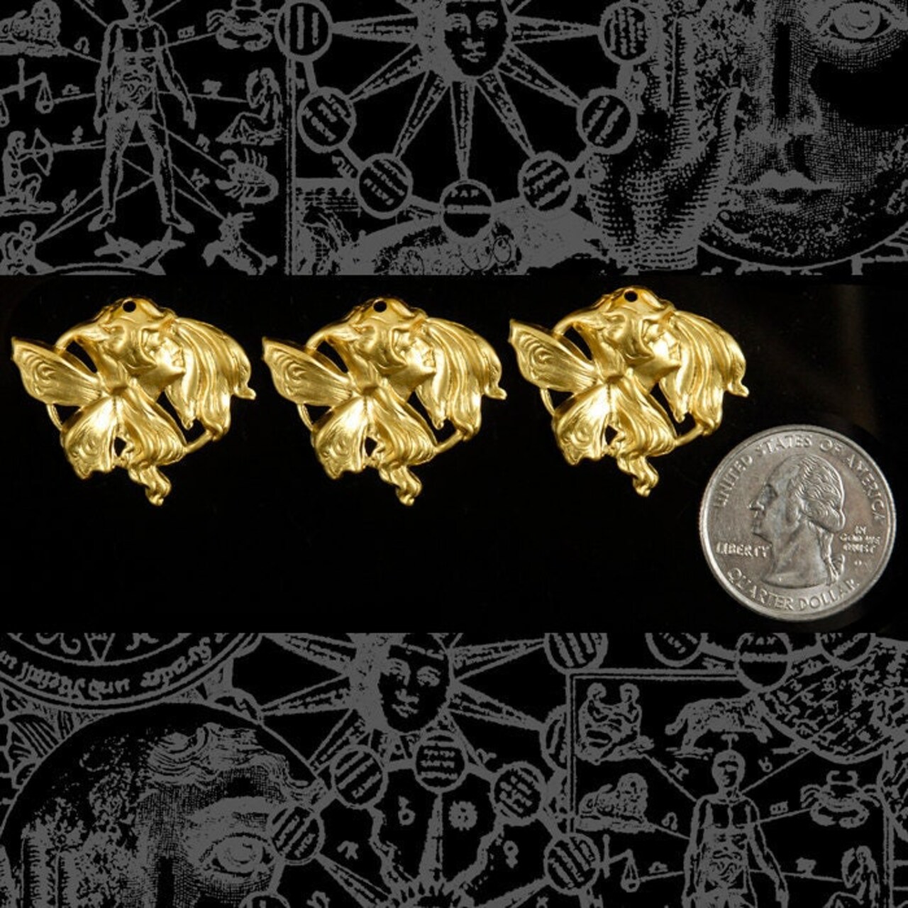 Raw Brass Vintage Brownie Fairy Pendants or Charms - Set of Three - B-C84